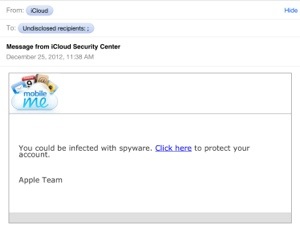 Fake email from "iCloud Security Center" with a MobileMe logo, saying You could be infected with spyware, Click here to protect your account, signed Apple Team