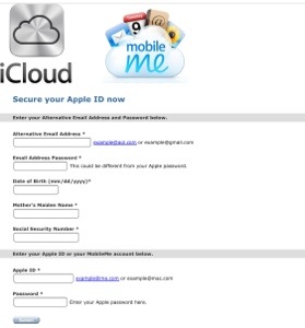 Fake Secure your Apple ID now web form using iCloud and MobileMe logos, asking for email password, date of birth, mother's maiden name, Social Security number, Apple ID and password